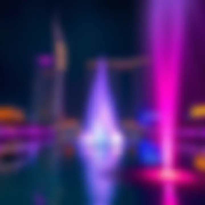 Nighttime illumination of the Pointe Dubai Fountain with vibrant colors