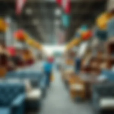 A vibrant marketplace for second-hand furniture bustling with activity.