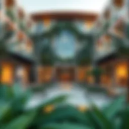 A vibrant village mall showcasing modern architecture and lush greenery.