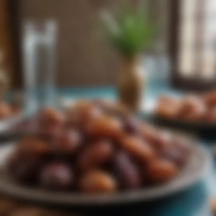 A close-up of dates and water, common items for breaking the fast.