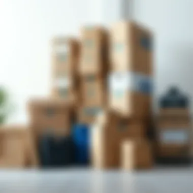 Boxes and packing materials arranged in an organized manner