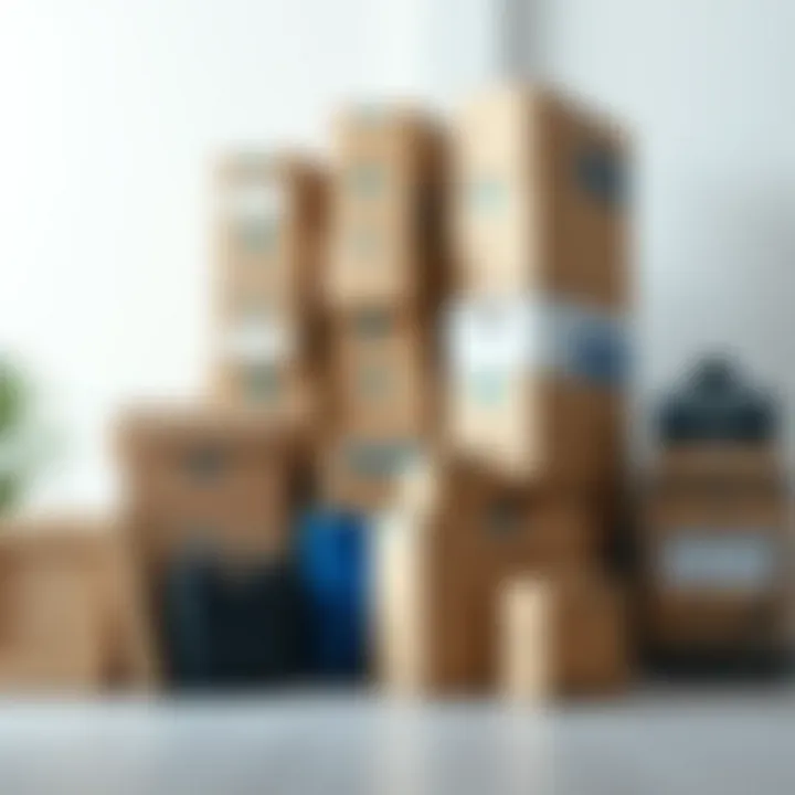 Boxes and packing materials arranged in an organized manner