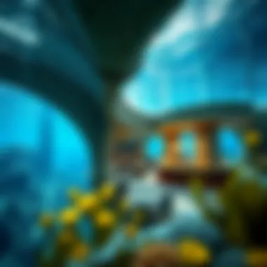 Architectural Marvel Under the Sea A stunning architectural view of an underwater restaurant integrated with natural surroundings