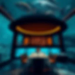 An elegant underwater dining space with panoramic views of marine life